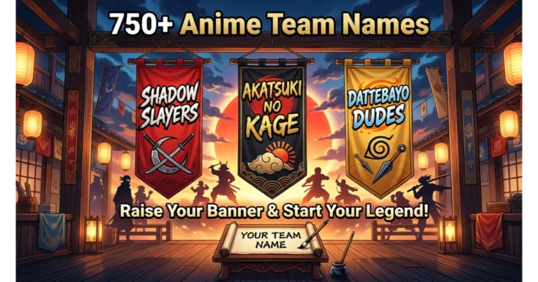 Three vertical banners with anime team names: Shadow Slayers (red), Akatsuki no Kage (black), Dattebayo Dudes (gold). Blank banner scroll "Your Team Name". Japanese rising sun and character silhouettes background. Hero image for anime team names.