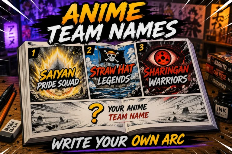Manga panel spread with anime team names: Saiyan Pride Squad, Straw Hat Legends, Sharingan Warriors. Blank panel "Your Anime Team Name". Pencil, eraser, ink pen, anime studio background. Hero image for anime team names article.