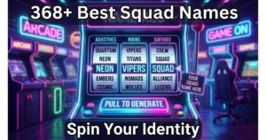 Slot machine showing reels with adjectives (Quantum, Neon, Embers, Cosmic), nouns (Vipers, Titans, Nomads, Wolves), suffixes (Crew, Squad, Alliance, Legend). Display: "Neon Vipers Squad". Button: "Pull to Generate". Hero image for best squad names.