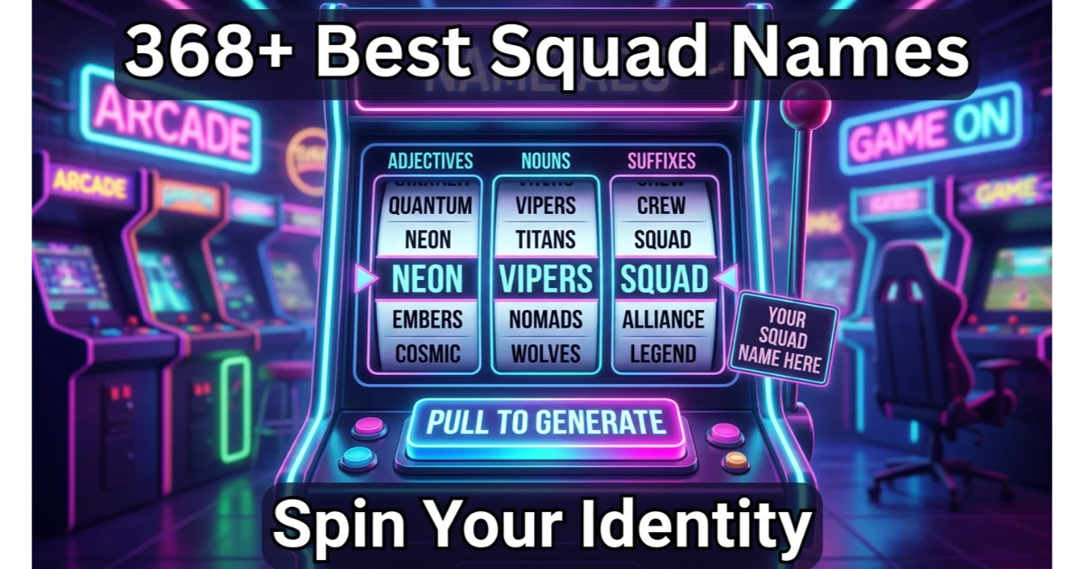 Slot machine showing reels with adjectives (Quantum, Neon, Embers, Cosmic), nouns (Vipers, Titans, Nomads, Wolves), suffixes (Crew, Squad, Alliance, Legend). Display: "Neon Vipers Squad". Button: "Pull to Generate". Hero image for best squad names.
