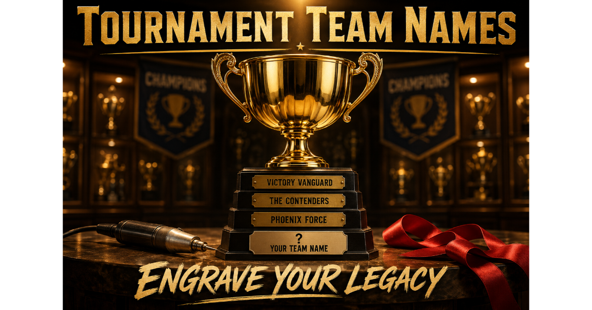 Golden championship trophy with engraved names: Victory Vanguard, The Contenders, Phoenix Force. Blank plate "Your Team Name". Engraving tool, ribbon, trophy case background. Hero image for tournament team names.