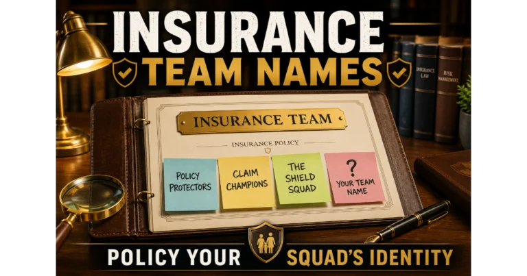 Leather-bound insurance policy document with sticky notes showing insurance team names: Policy Protectors, Claim Champions, The Shield Squad. Blank note "Your Team Name". Fountain pen, magnifying glass, bookshelf background. Hero image for insurance team names article.