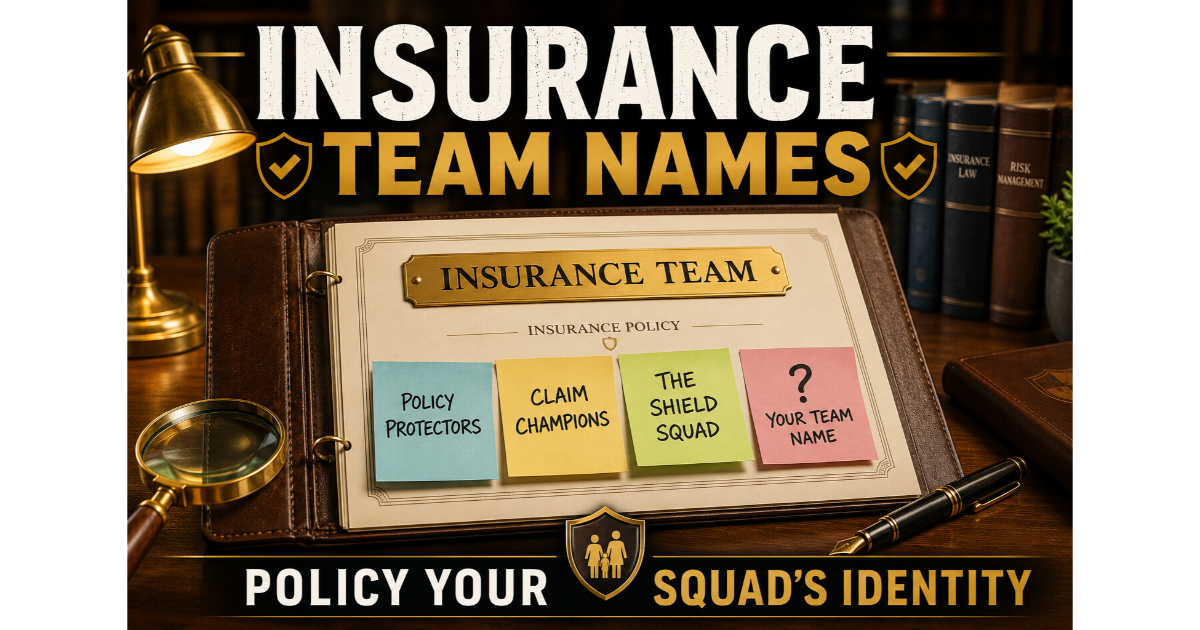 Leather-bound insurance policy document with sticky notes showing insurance team names: Policy Protectors, Claim Champions, The Shield Squad. Blank note "Your Team Name". Fountain pen, magnifying glass, bookshelf background. Hero image for insurance team names article.