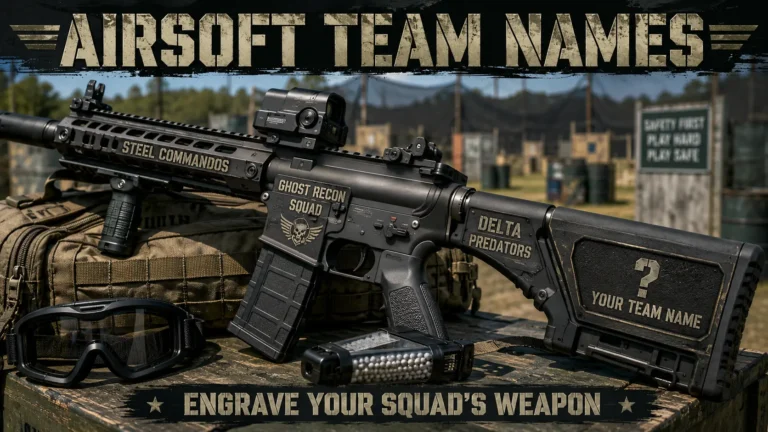 Airsoft rifle with engraved team names: Steel Commandos, Ghost Recon Squad, Delta Predators. Blank area "Your Team Name". Goggles, speed loader, field background. Hero image for airsoft team names article.