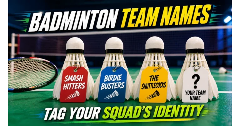 Three badminton shuttlecocks with name tags: Smash Hitters, Birdie Busters, The Shuttlecocks. Blank shuttlecock "Your Team Name". Racket, net background. Hero image for badminton team names article.