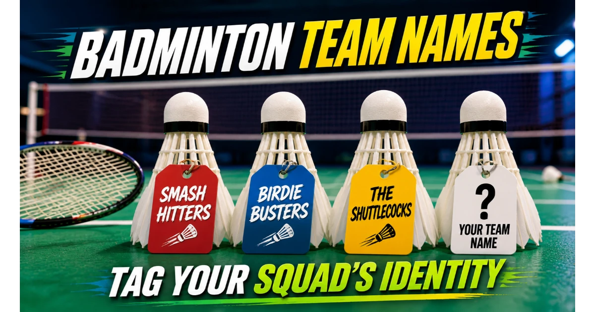 Three badminton shuttlecocks with name tags: Smash Hitters, Birdie Busters, The Shuttlecocks. Blank shuttlecock "Your Team Name". Racket, net background. Hero image for badminton team names article.