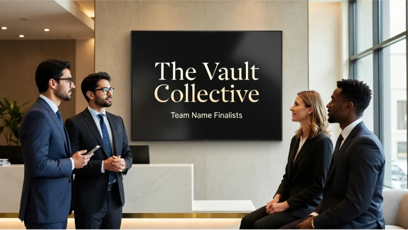 550+ Finance Team Names: Funny, Clever & Professional Ideas for Every Workplace 3 Bankers in a modern branch looking at a digital display showing “The Vault Collective” as a finalist banking team name.