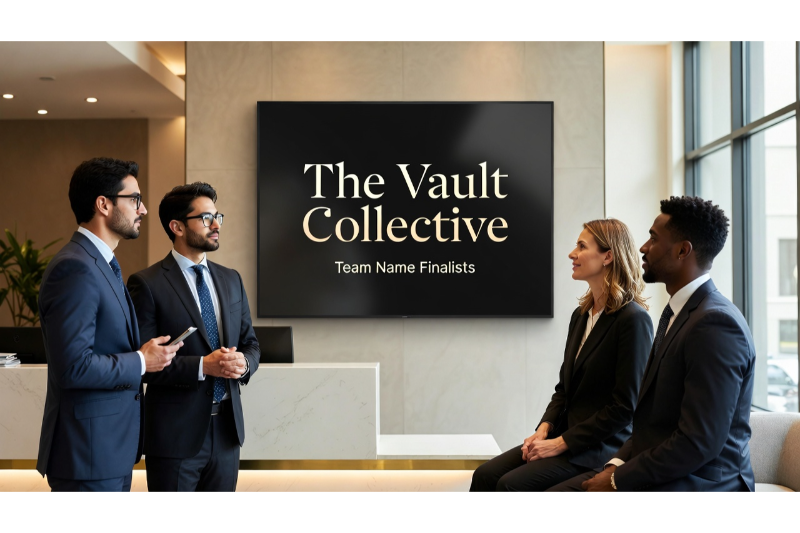 Bankers in a modern branch looking at a digital display showing “The Vault Collective” as a finalist banking team name.