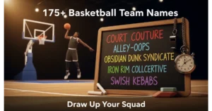 Coach's chalkboard with handwritten basketball team names: Court Couture, Alley-Oops, Obsidian Dunk Syndicate, Iron Rim Collective, Swish Kebabs. Whistle, stopwatch, hoop background. Hero image for basketball team names.