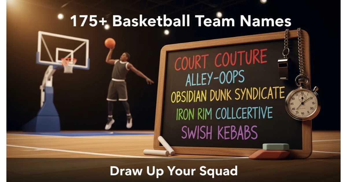 Coach's chalkboard with handwritten basketball team names: Court Couture, Alley-Oops, Obsidian Dunk Syndicate, Iron Rim Collective, Swish Kebabs. Whistle, stopwatch, hoop background. Hero image for basketball team names.