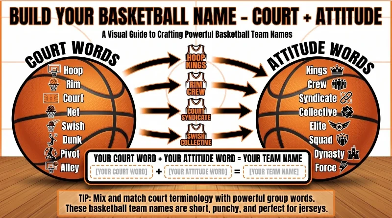 Infographic titled "Build Your Basketball Name – Court + Attitude" with left basketball (Court Words: Hoop, Rim, Court, Net, Swish, Dunk, Pivot, Alley) and right basketball (Attitude Words: Kings, Crew, Syndicate, Collective, Elite, Squad, Dynasty, Force). Combinations: Hoop Kings, Rim Crew, Court Syndicate, Swish Collective. Blank template for user's own basketball team name.