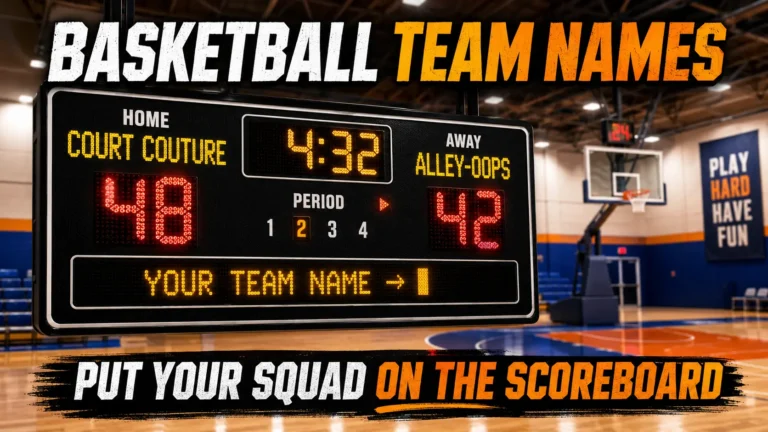Basketball scoreboard showing home team Court Couture (48 pts) vs away team Alley-Oops (42 pts). Blank slot "Your Team Name →". Hoop, backboard, court background. Hero image for basketball team names article.