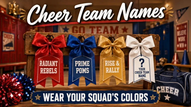 Cheer bows with team names: Radiant Rebels, Prime Poms, Rise & Rally. Blank bow "Your Cheer Team Name". Pom-poms, bag, locker room background. Hero image for cheer team names article.