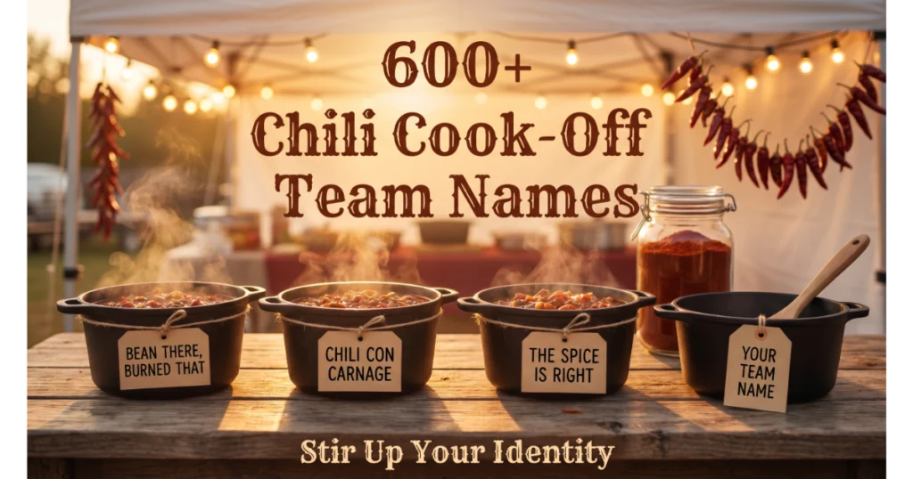 Three cast-iron chili pots with labels: Bean There Burned That, Chili Con Carnage, The Spice is Right. Blank pot with "Your Team Name". Cook-off tent, chili powder, pepper garland background. Hero image for chili cook-off team names.