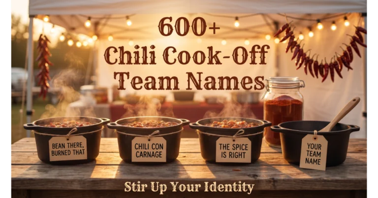 Three cast-iron chili pots with labels: Bean There Burned That, Chili Con Carnage, The Spice is Right. Blank pot with "Your Team Name". Cook-off tent, chili powder, pepper garland background. Hero image for chili cook-off team names.