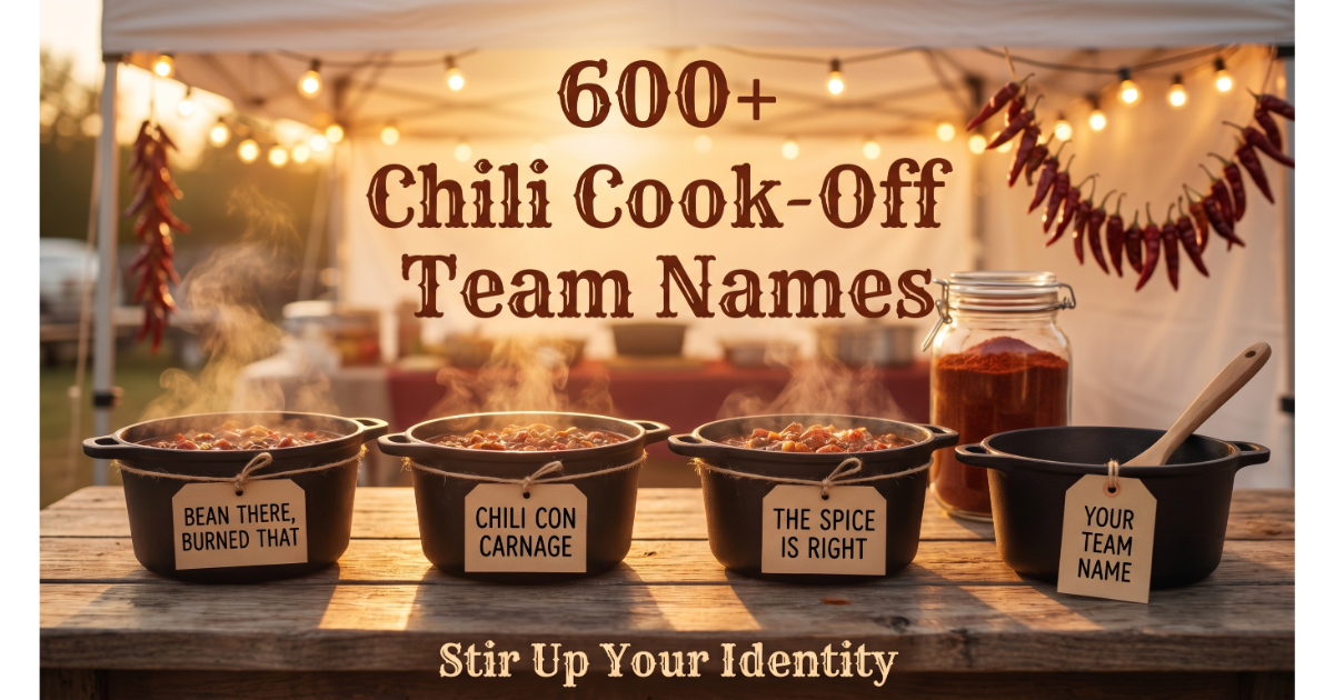 Three cast-iron chili pots with labels: Bean There Burned That, Chili Con Carnage, The Spice is Right. Blank pot with "Your Team Name". Cook-off tent, chili powder, pepper garland background. Hero image for chili cook-off team names.