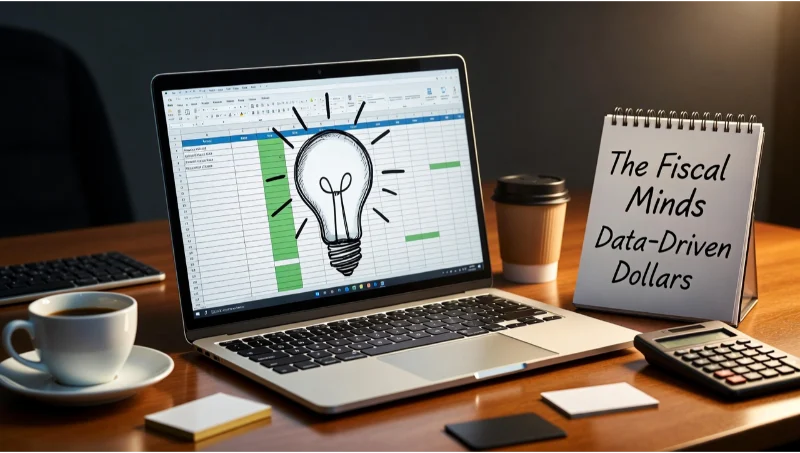 550+ Finance Team Names: Funny, Clever & Professional Ideas for Every Workplace 2 Overhead shot of a laptop showing a spreadsheet with a glowing lightbulb, next to a notepad listing clever finance team names like “The Fiscal Minds” and “Data‑Driven Dollars.”