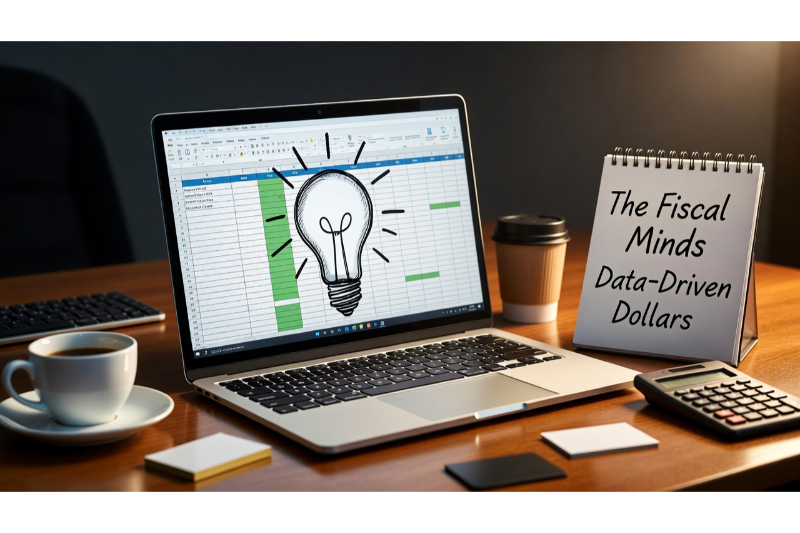 Overhead shot of a laptop showing a spreadsheet with a glowing lightbulb, next to a notepad listing clever finance team names like “The Fiscal Minds” and “Data‑Driven Dollars.”