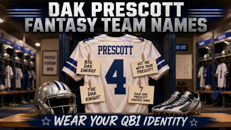 Cowboys jersey with Dak Prescott fantasy team names: Big Dak Energy, Hit Me With Your Prescott, The Dak Knight. Blank card "Your Dak Prescott Fantasy Name". Helmet, cleats, locker room background. Hero image for Dak Prescott fantasy team names article.