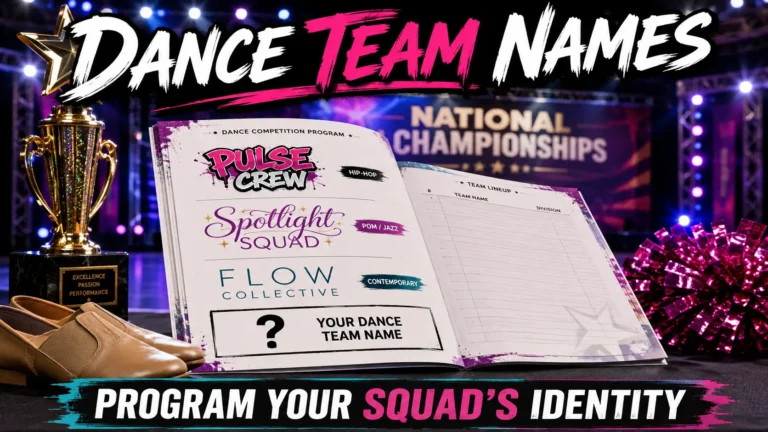 Dance competition program with dance team names: Pulse Crew, Spotlight Squad, Flow Collective. Blank space "Your Dance Team Name". Trophy, jazz shoes, pom-pom, stage background. Hero image for dance team names article.