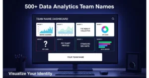 Data dashboard screen showing team names as widgets: Metric Masters, The Insight Collective, Pie Chart Pirates, Standard Deviants, Data Miners. Blank widget "Your Team Name". Keyboard and mouse below. Dark mode theme.