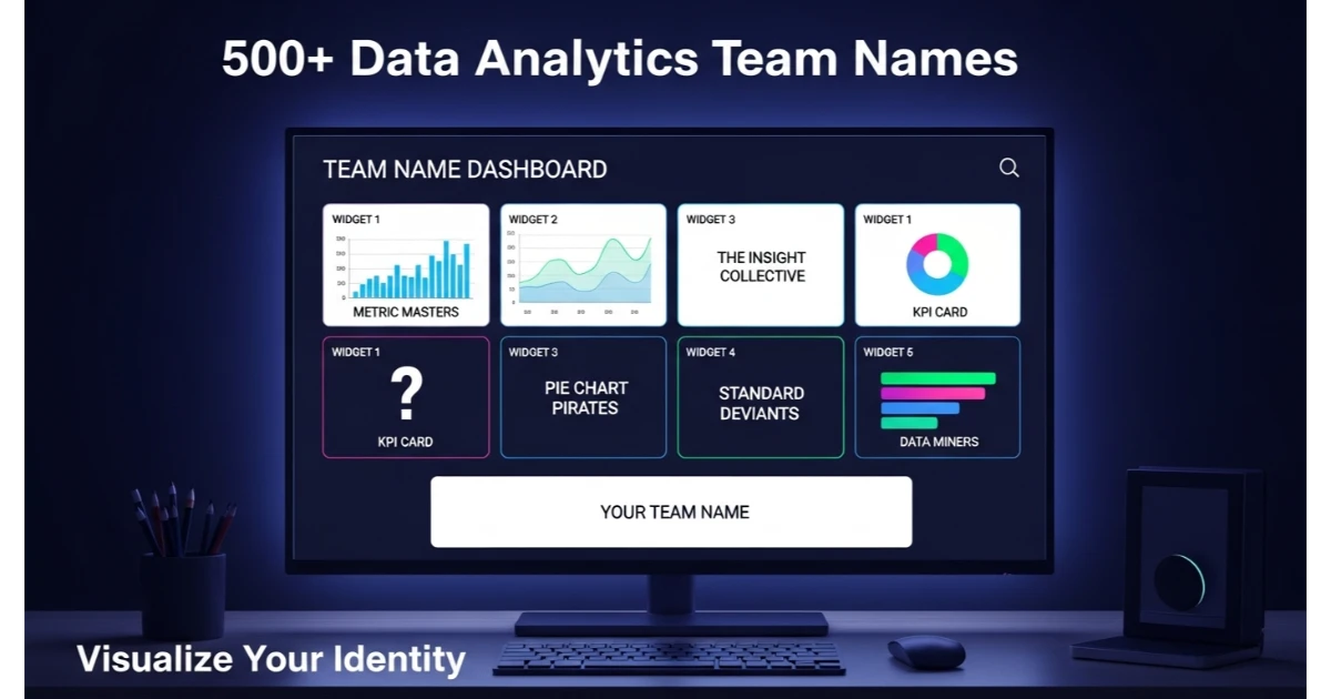 Data dashboard screen showing team names as widgets: Metric Masters, The Insight Collective, Pie Chart Pirates, Standard Deviants, Data Miners. Blank widget "Your Team Name". Keyboard and mouse below. Dark mode theme.