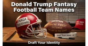 Golden podium on football end zone with engraved names: Make Fantasy Great Again, Trump Card Champions, The Apprentice Draft Picks. Blank nameplate "Your Team Name". Goalpost, yard lines, bunting background. Hero image for Donald Trump fantasy football team names.