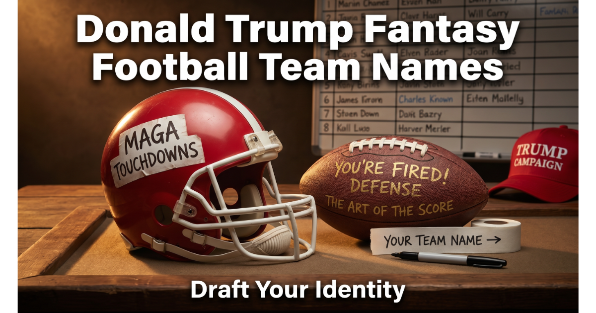 Golden podium on football end zone with engraved names: Make Fantasy Great Again, Trump Card Champions, The Apprentice Draft Picks. Blank nameplate "Your Team Name". Goalpost, yard lines, bunting background. Hero image for Donald Trump fantasy football team names.