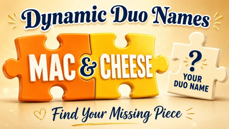 Two puzzle pieces labeled "Mac" and "Cheese" fitting together. Blank puzzle piece "Your Duo Name". Warm gradient background. Hero image for dynamic duo names.