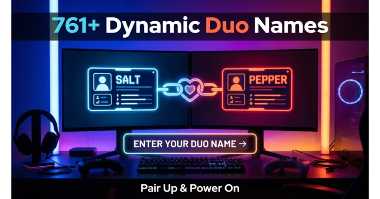Split-screen monitor with gaming profile cards: Salt and Pepper connected by a glowing chain. Blank input field "Enter Your Duo Name →". Controllers, headset, RGB background. Hero image for dynamic duo names.