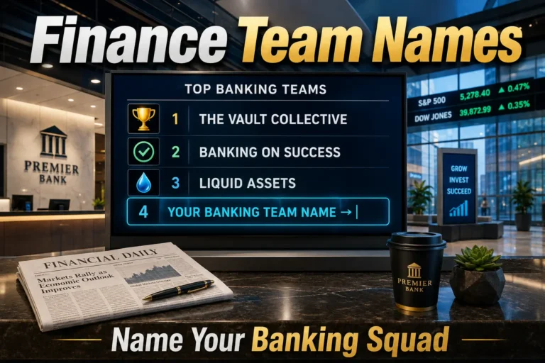 Modern bank digital display with finance team names: The Vault Collective, Banking on Success, Liquid Assets. Blank slot "Your Banking Team Name →". Bank counter, newspaper, coffee cup, modern bank interior background. Hero image for finance team names article.