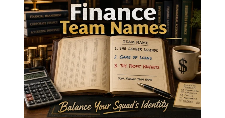 Open financial ledger with handwritten finance team names: The Ledger Legends, Game of Loans, The Profit Prophets. Blank line "Your Finance Team Name". Calculator, coins, coffee mug, bookshelf background. Hero image for finance team names article.
