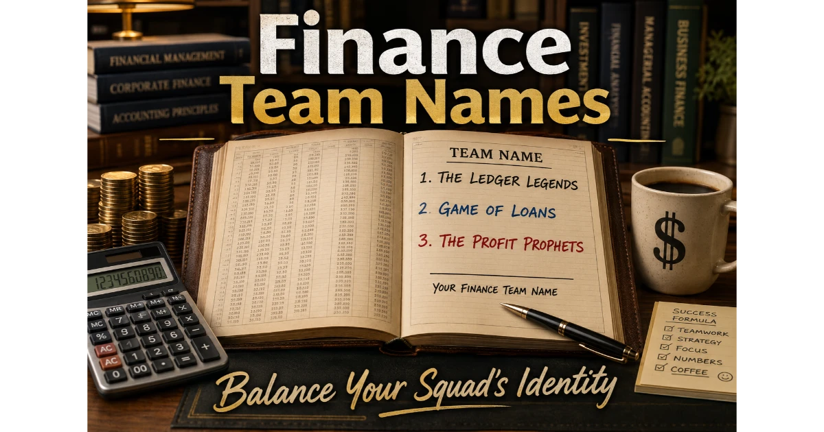 Open financial ledger with handwritten finance team names: The Ledger Legends, Game of Loans, The Profit Prophets. Blank line "Your Finance Team Name". Calculator, coins, coffee mug, bookshelf background. Hero image for finance team names article.