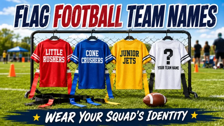 Youth flag football jerseys with team names: Little Rushers, Cone Crushers, Junior Jets. Blank jersey "Your Team Name". Flag belt, football, field background. Hero image for flag football team names article.