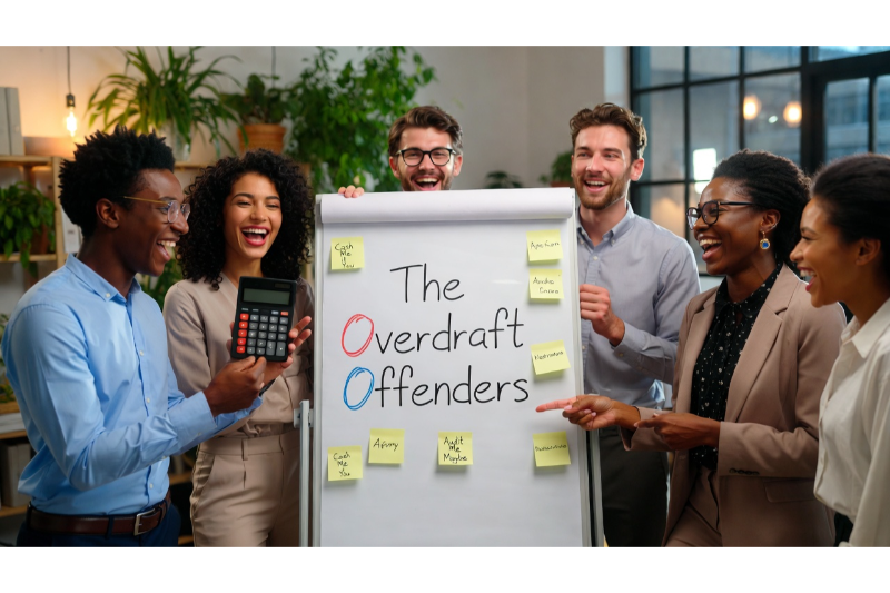A group of finance professionals laughing around a whiteboard with the funny team name “The Overdraft Offenders” written in colorful marker.
