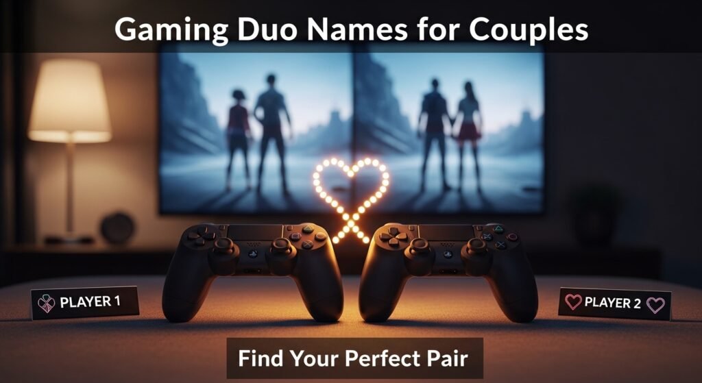 Two gaming controllers side by side with nameplates reading "Player 1" and "Player 2", connected by a glowing heart. Split-screen TV background shows two game characters together. Hero image for an article about Gaming Duo Names for Couples.