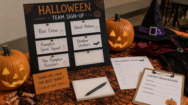 Halloween team name ideas represented across funny scary witchy and kid-friendly styles