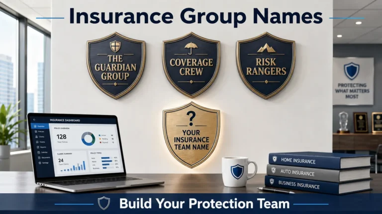 Office wall with shield plaques showing insurance group names: The Guardian Group, Coverage Crew, Risk Rangers. Blank shield "Your Insurance Team Name". Laptop, coffee mug, policy folders, professional office background. Hero image for insurance group names article.