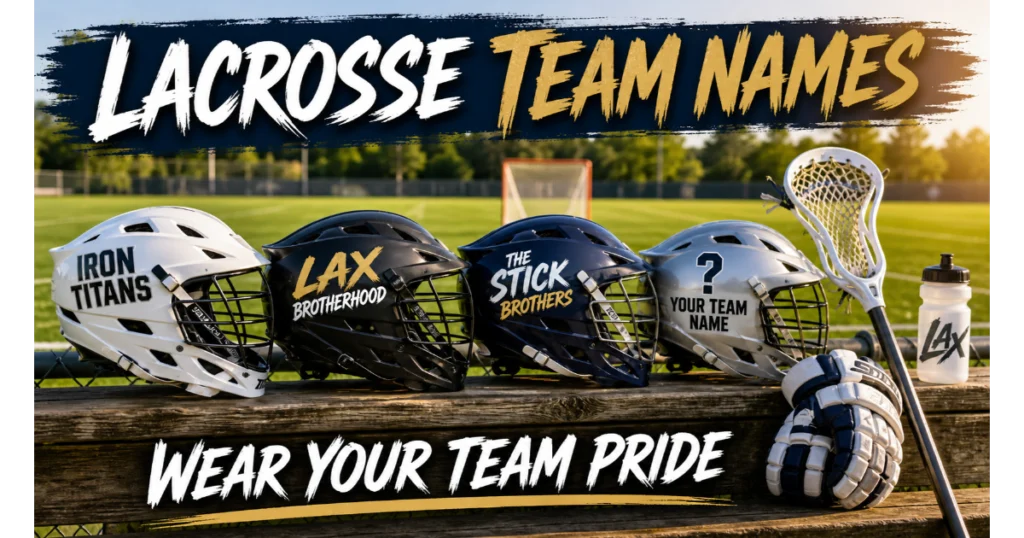 Three lacrosse helmets with decals showing team names: Iron Titans, Lax Brotherhood, The Stick Brothers. Blank helmet "Your Team Name". Stick, gloves, water bottle, field background. Hero image for lacrosse team names.