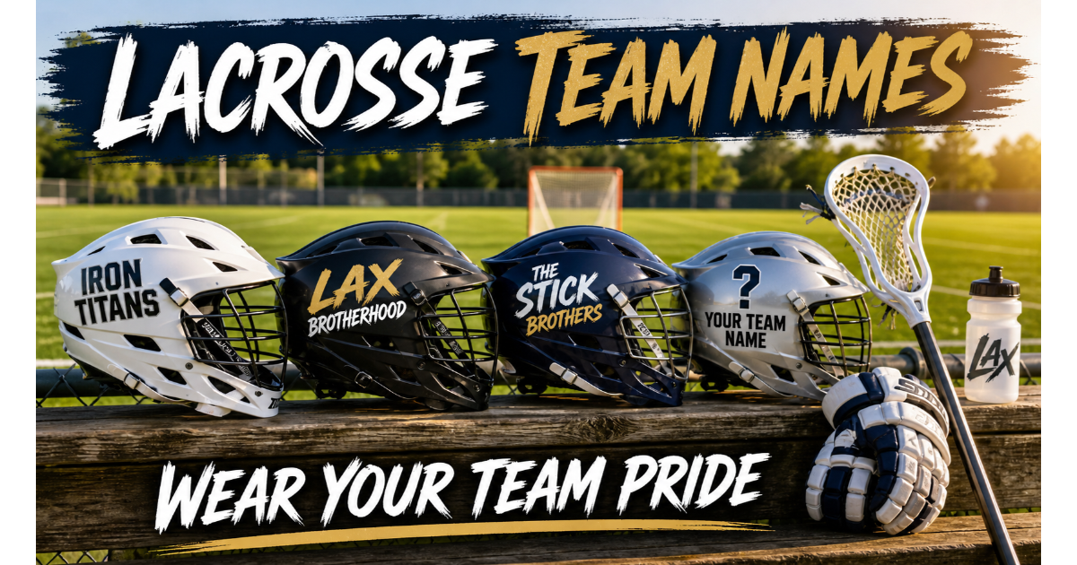 Three lacrosse helmets with decals showing team names: Iron Titans, Lax Brotherhood, The Stick Brothers. Blank helmet "Your Team Name". Stick, gloves, water bottle, field background. Hero image for lacrosse team names.