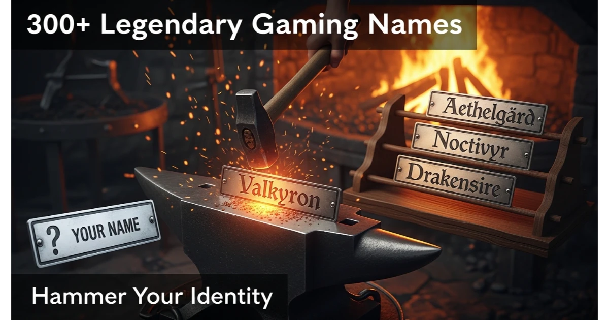 Fantasy blacksmith forge with glowing anvil displaying nameplate "Valkyron". Three finished nameplates: Aethelgard, Noctivyr, Drakensire. Blank nameplate: "Your Name". Sparks and forge fire background.