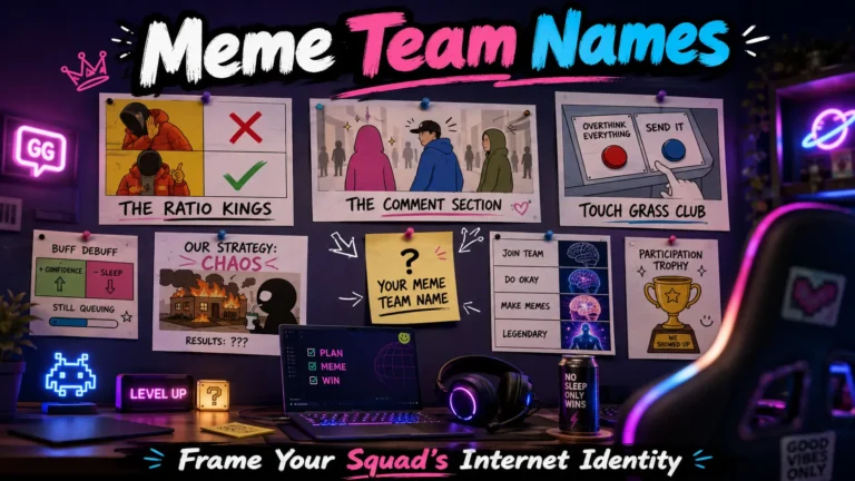 Wall of meme templates with meme team names: The Ratio Kings, The Comment Section, Touch Grass Club. Blank note "Your Meme Team Name". Laptop, headset, energy drink, gaming chair background. Hero image for meme team names article.