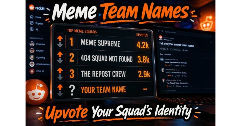Reddit-style scoreboard with upvote counts for meme team names: Meme Supreme (4.2k), 404 Squad Not Found (3.8k), The Repost Crew (2.9k). Blank slot "Your Team Name". Laptop, social media feed background. Hero image for meme team names.