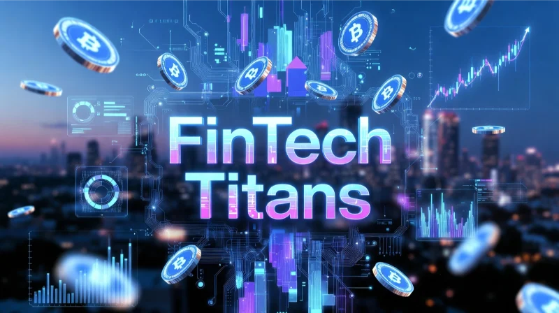 550+ Finance Team Names: Funny, Clever & Professional Ideas for Every Workplace 4 Glowing neon text reading “FinTech Titans” surrounded by floating digital coins and circuit board lines against a futuristic city backdrop.