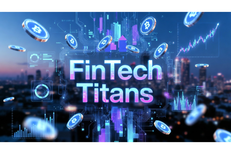 Glowing neon text reading “FinTech Titans” surrounded by floating digital coins and circuit board lines against a futuristic city backdrop.