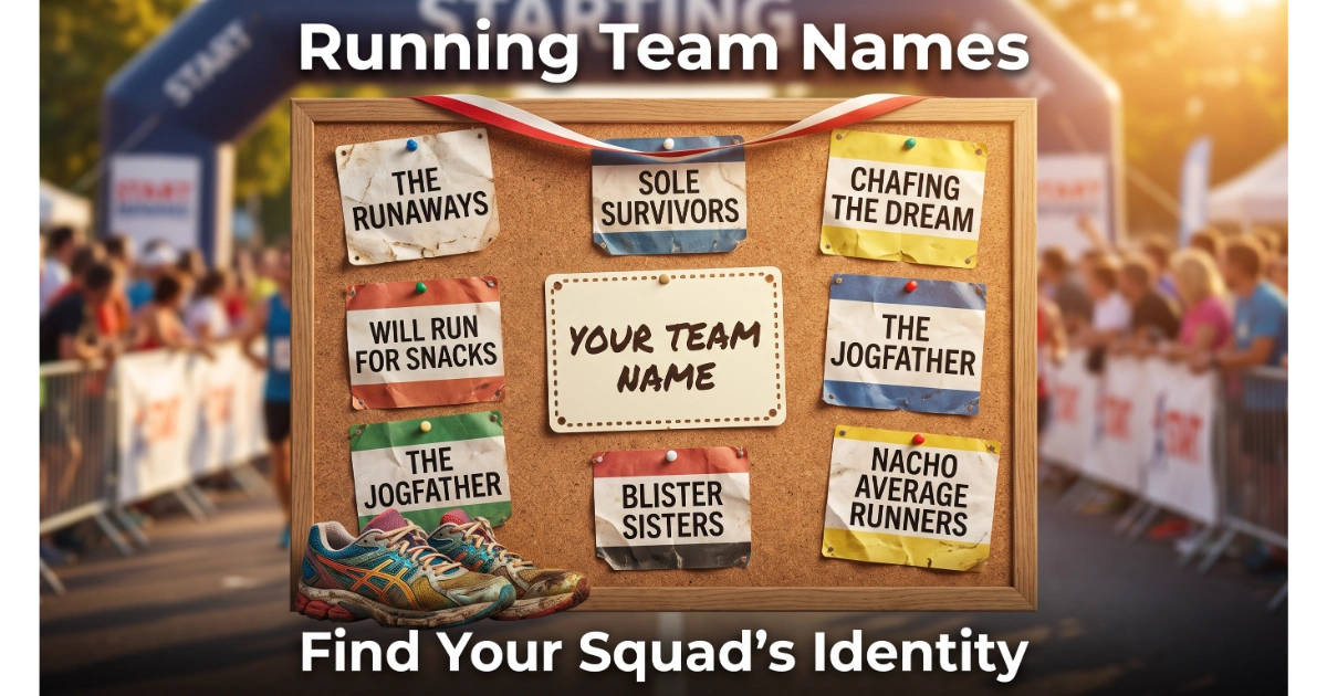 Corkboard with pinned race bibs displaying running team names: The Runaways, Sole Survivors, Chafing the Dream, Will Run for Snacks, The Jogfather, Blister Sisters, Nacho Average Runners. Blank center bib reads "Your Team Name". Finish line ribbon and running shoes visible. Hero image for running team names article.
