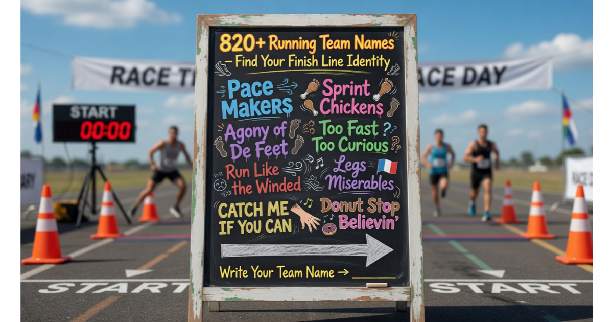 Vintage chalkboard at a race start line filled with running team names.