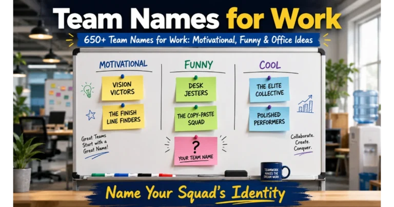Office whiteboard with sticky notes showing team names for work: Motivational (Vision Victors), Funny (Desk Jesters), Cool (The Elite Collective). Blank note "Your Team Name". Coffee mug, markers, blurred office background. Hero image for team names for work article.