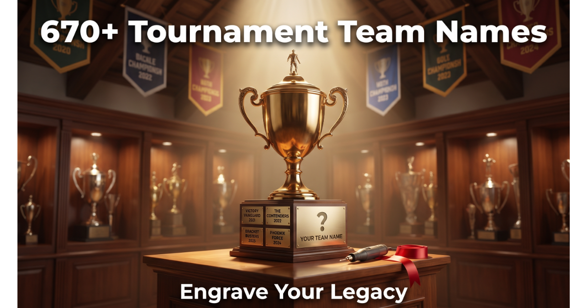 Golden championship trophy with engraved names: Victory Vanguard, The Contenders, Bracket Busters, Phoenix Force. Blank plate "Your Team Name". Engraving tool, ribbon, trophy case background. Hero image for tournament team names.