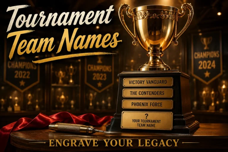 Golden championship trophy with engraved names: Victory Vanguard, The Contenders, Phoenix Force. Blank plate "Your Tournament Team Name". Engraving tool, ribbon, trophy case background. Hero image for tournament team names article.